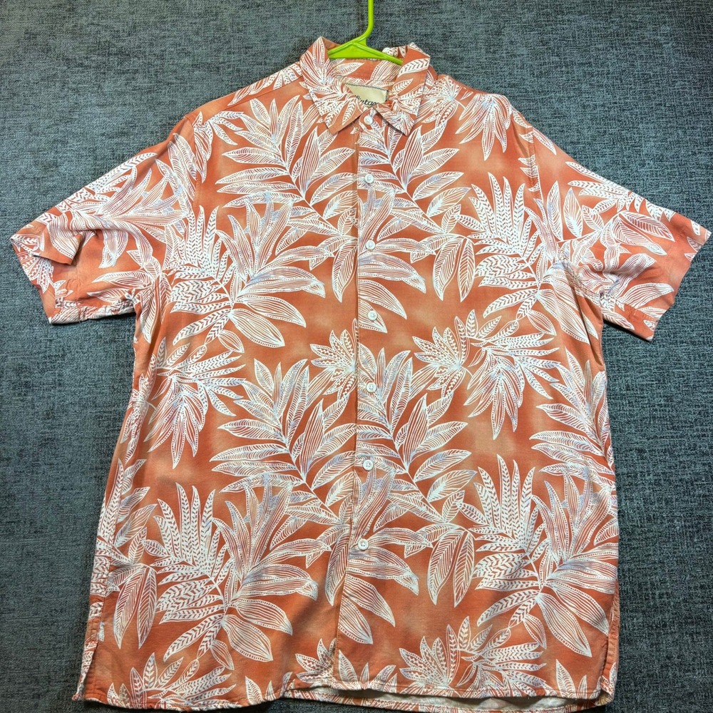 Vintage Silk Button Down Shirt Mens L Orange Tropical Leaf Short Sleeve Hawaiian